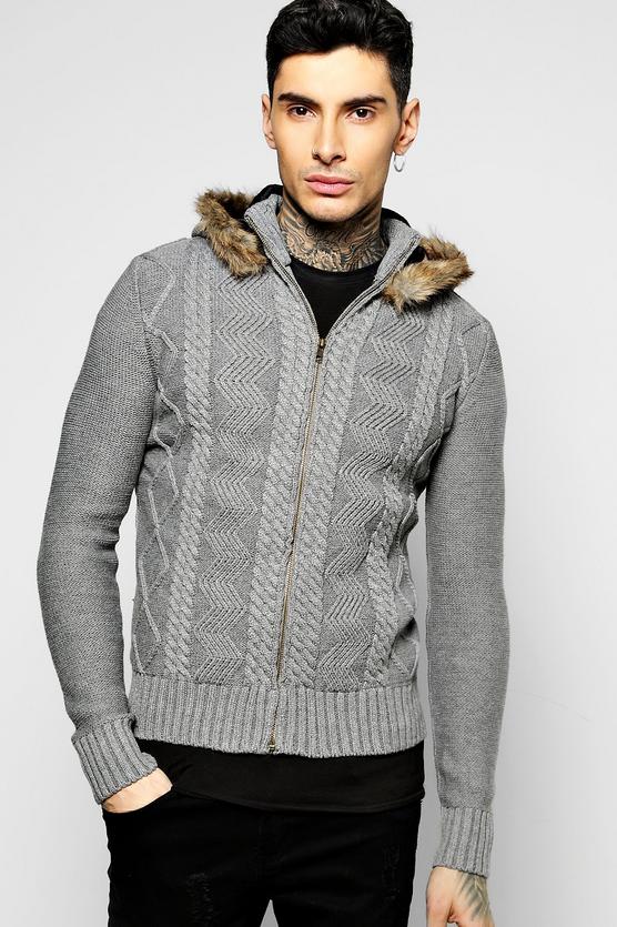 Cable Knit Zip Through Hoodie With Hood